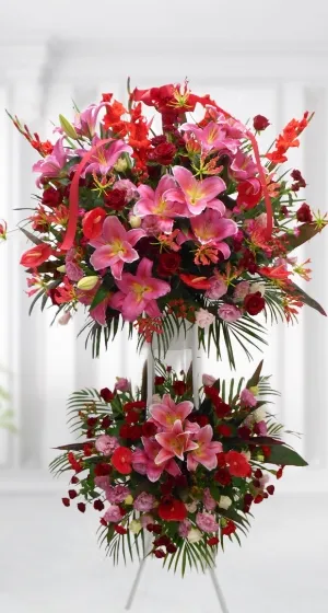 赤色の2段の花のフラワースタンド